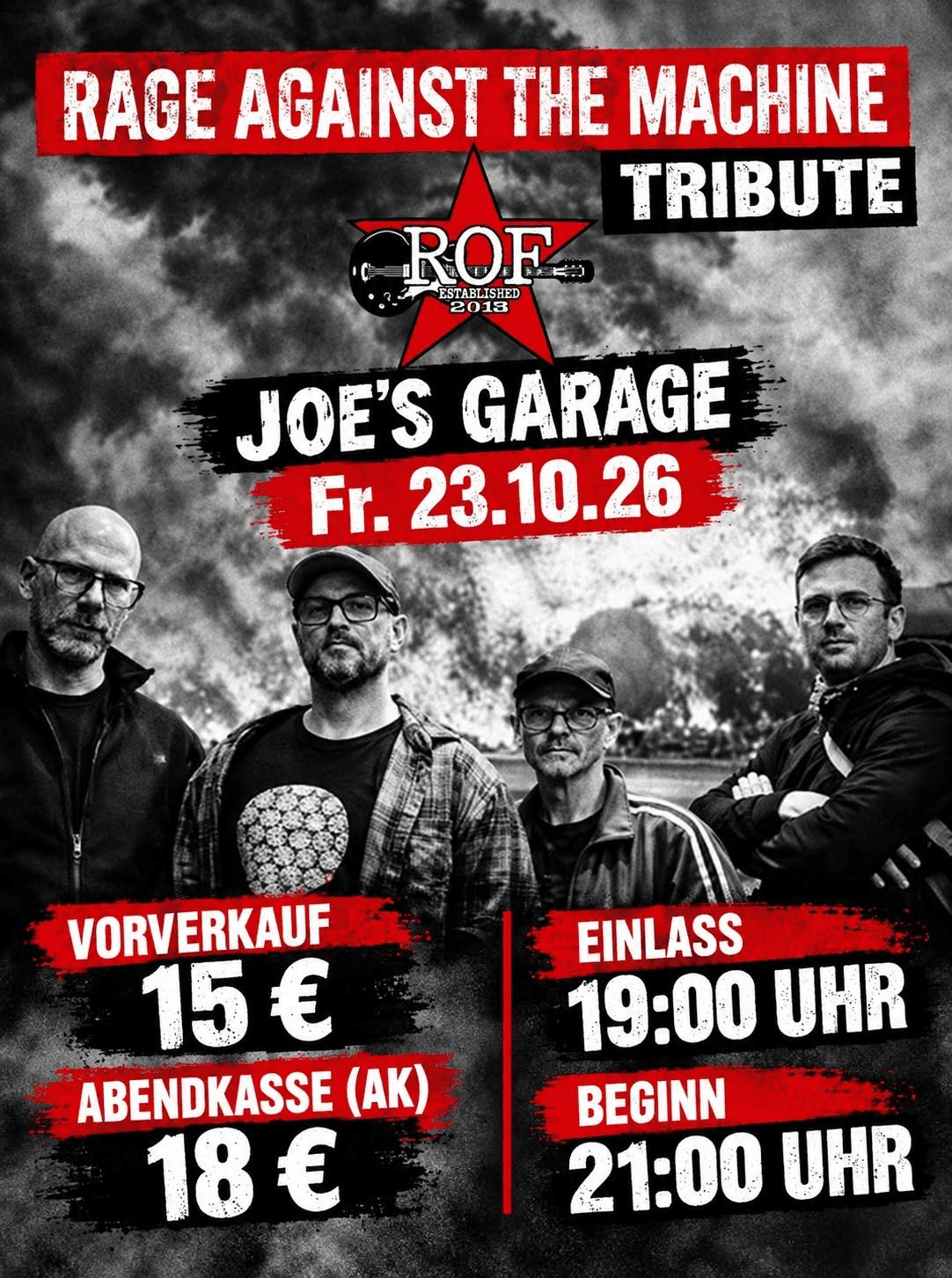 ROF-Konzertplakat: 23.10.2026, Einlass 19 Uhr, Beginn 21 Uhr, Vorverkauf 15 €, Abendkasse 18 €