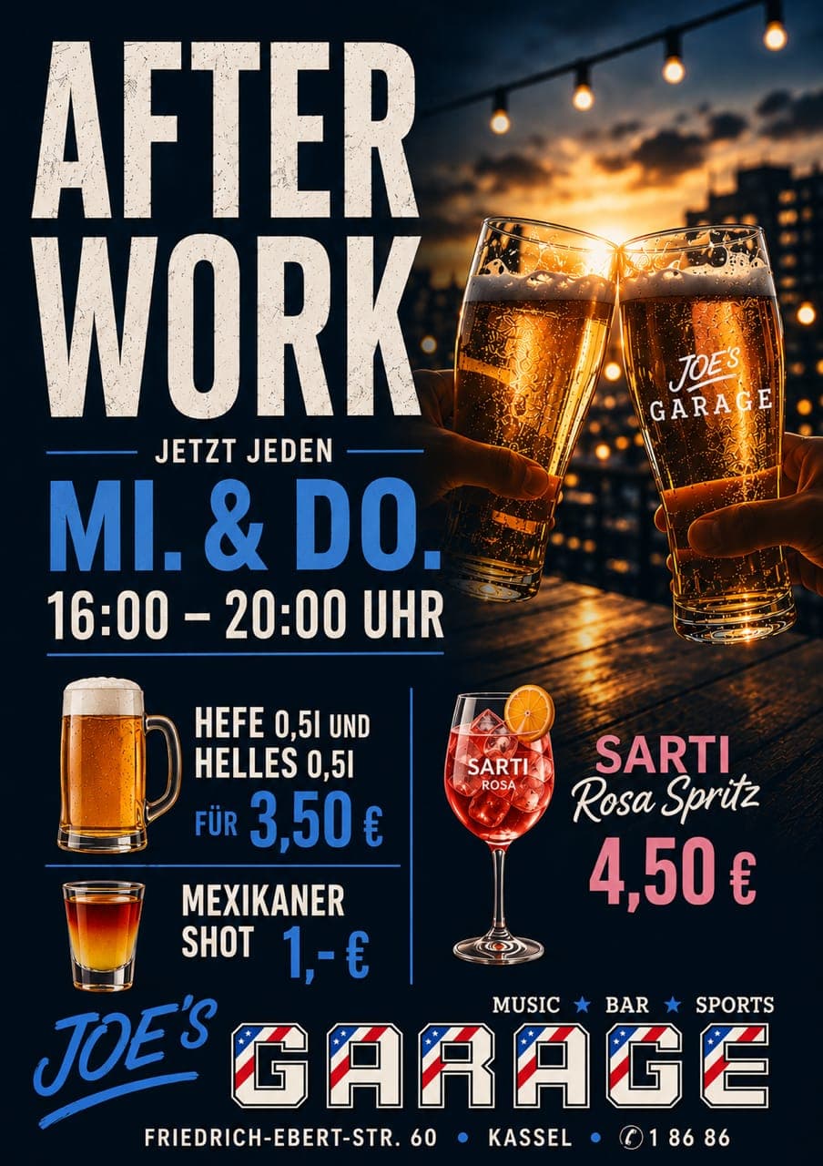 Afterwork-Angebote bei Joe’s Garage, jeden Mittwoch und Donnerstag von 16 bis 20 Uhr